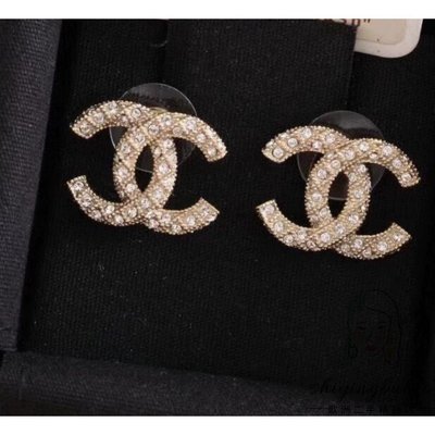 【二手正品】 Chanel 香奈兒  金色 CC 水鑽 珍珠 雙排 耳針式 耳環