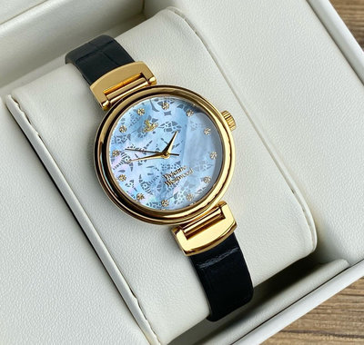 VIVIENNE WESTWOOD Hampton 晶鑽刻度 珍珠母貝錶盤 黑色皮革錶帶 石英 女士手錶 VV128GD8K