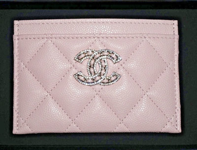 Chanel 粉紅色荔枝皮水鑽 CC logo 卡夾 皮夾 隨身卡包