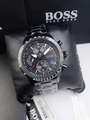 HUGO BOSS Aero 黑色錶盤 黑色不鏽鋼錶帶 石英 三眼計時 男士手錶 1513771
