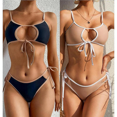 現貨：三月新款歐美比基尼背心式純色胸部鏤空綁帶兩件式bikini泳衣女