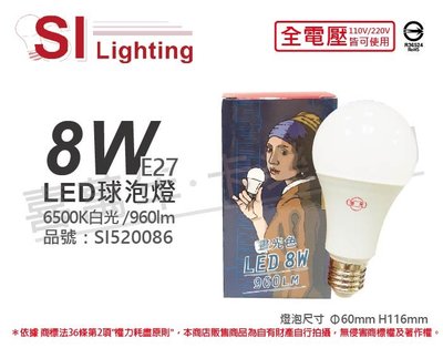 [喜萬年]含稅 旭光 LED 8W 6500K 白光 E27 全電壓 球泡燈_SI520086