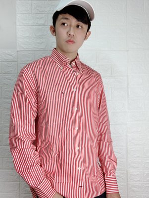 TOMMY HILFIGER 男 休閒 條紋 時尚 型男 紅色 韓式 長袖襯衫長袖
