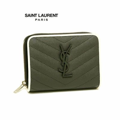 Saint Laurent Paris YSL (墨灰綠色×白色)立體LOGO 真皮防刮壓紋中短夾 皮夾 錢包｜100%全新正品