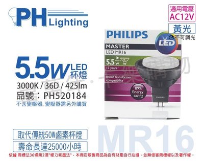[喜萬年]含稅 PHILIPS飛利浦 LED 5.5W 3000K 黃光 36D 12V MR16杯燈_PH520184