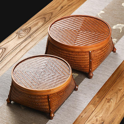 竹製品手工竹編大漆茶具收納盒 家用帶蓋收納筐 中式大漆托盤竹筐水果籃