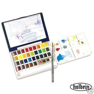 板橋酷酷姐美術 日本holbein好賓專家級塊狀水彩36色！塑料盒！可夾放水彩紙！