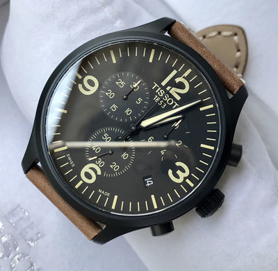Tissot T-SPORT Chrono XL黑色面錶盤 棕色皮革錶帶 石英 多功能 三眼計時 男士手錶T1166173605700  天梭腕錶