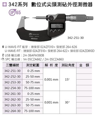 日本三豐Mitutoyo 342系列 數位式尖頭測覘外徑測微器 數位式尖頭測覘外徑分厘卡