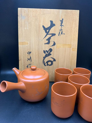 日本 回 常滑燒 土居中州 朱泥 茶具套