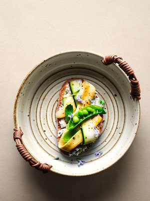 九土日式碗盤復古粗陶菜盤盤子創意家用魚盤陶瓷餐具水果盤圓深盤~小滿良造館
