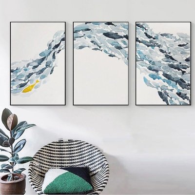 裝飾畫裝飾畫 藍色游魚帆布畫家居客廳裝飾海報三件一套畫芯