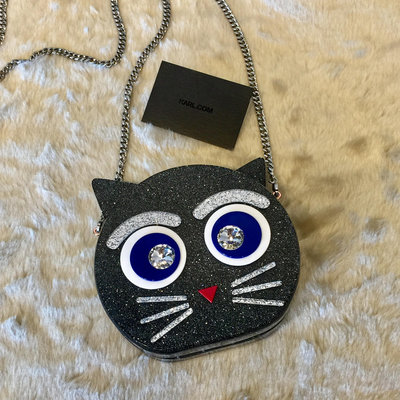 【哈極品】美品《KARL LAGERFELD 黑色 圓型 壓克力 貓咪鍊包 /斜背包》