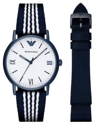 [永達利鐘錶 ] EMPORIO ARMANI 帆布錶帶 套表組合 深藍X白 AR80005/43mm