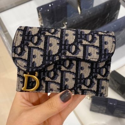 Dior 迪奧 Oblique 海軍藍 緹花 D環 馬鞍包 翻蓋 厚款 零錢包 錢夾 短夾
