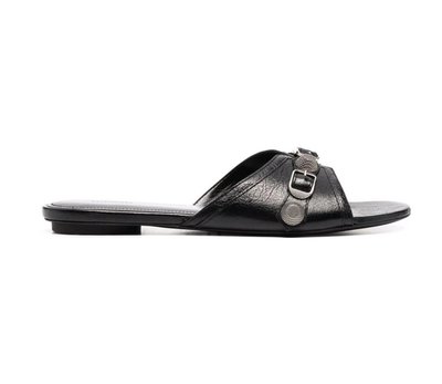 [全新真品代購] BALENCIAGA 鉚釘 黑色紋理皮革 平底 拖鞋 (巴黎世家) 機車包