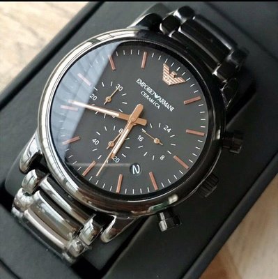 EMPORIO ARMANI 阿曼尼手錶(AR1509)黑色陶瓷錶帶石英男生三眼計時時尚腕錶 43mm