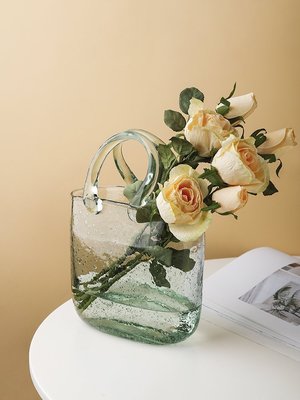 【熱賣下殺】ins風小花籃透明玻璃花器手提包輕奢客廳裝飾擺件鮮花花瓶