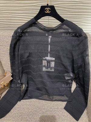【BLACK A】CHANEL 24S 黑色條紋網紗透膚雙C logo短袖上衣 價格私訊