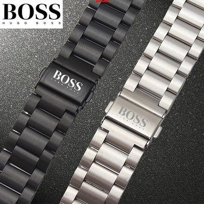 全館免運 Hugo Boss 男士手錶帶鋼帶 男精鋼實心黑色錶鏈折迭扣16 20 22mmJ3 可開發票