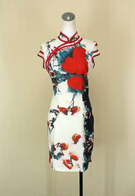貞新二手衣 CIAIYUN 柿紅花朵立領盤釦短袖緞面洋裝旗袍M號(43613)