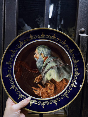 德國vintage古董手繪油畫瓷盤 大衛王彈奏豎琴觀賞盤