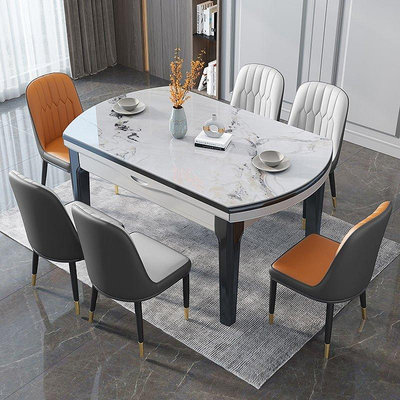 錦巢亮光巖板餐桌現代簡約可變圓桌方圓兩用特價餐桌椅組合
