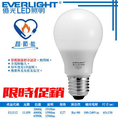 ❖基礎照明❖【ELE12】LED-11.8W億光節能球燈 E27規格 符合節能標章與IEC認證