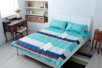 【北極熊-藍】雙人床包薄被套四件組．100%純棉台灣製造