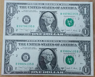 美國 1988A 97新 5B $1美金 連體紙鈔 少見，保真