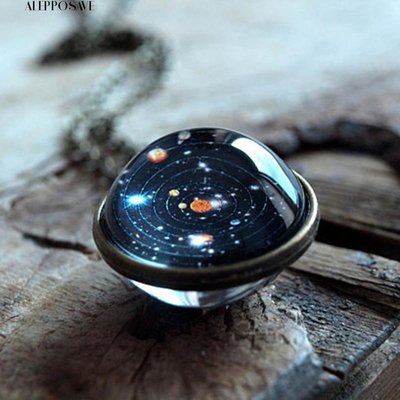 個性韓風雙面玻璃球太陽系宇宙星空 項鏈 銀河系吊墜新品-一點點