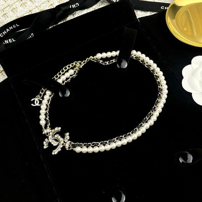 Leann代購~ 香 新款方鉆穿皮珍珠雙層頸鏈項鏈