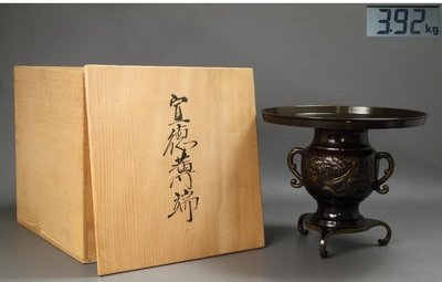 日本昭和期-宣徳唐銅高肉雲龍虎紋双耳《銅鋳花瓶》未使用品