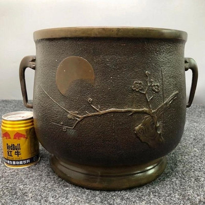 日本勘幸造 浮雕梅花漢詩紋瓶掛 火缽◆煎茶道具