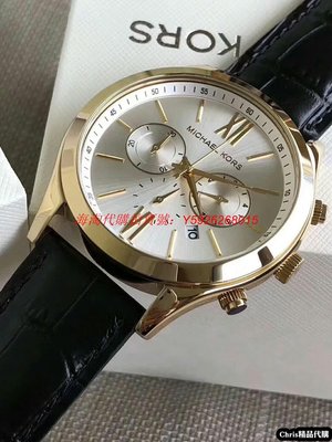 正品專購 Michael Kors時尚潮流新款香檳金 黑錶帶皮革三眼MK8308 腕錶 歐美代購