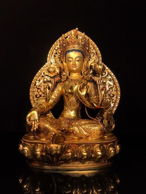 尼泊爾工藝銅鎏金畫臉帶背光綠度母佛像，重3.5公斤，100080R