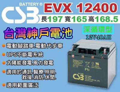 〈電池達人〉CSB電瓶 神戶深循環電池 EVX-12400 12V40AH 戶外露營 攤販用電 太陽能 通信設備