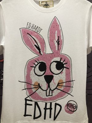 亞軒潮店 潮款現出Ed Hardy 潮牌2021新款印花燙鉆粉色兔子中長款女士短袖休閑T恤
