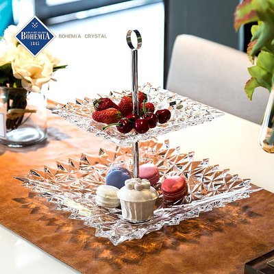 下殺-果盆捷克BOHEMIA水晶玻璃下午茶點心架子 甜品臺盤蛋糕托盤雙層水果盤