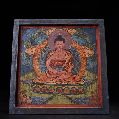 現貨西藏寺院收手繪木板無量佛唐卡  高30.5公分  寬30.5公分  1200-00998WN40550