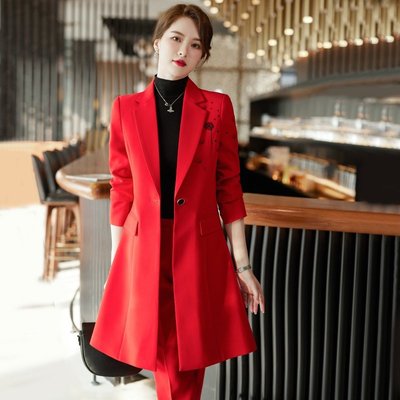 2022 紅色風衣外套 女 韓版緊身中長款秋裝 氣質職業西裝 大衣 套裝~喜喜好物~