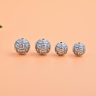 三友社 S999千足銀福字圓珠 超輕3D硬銀復古DIY手工手串飾品材料配件zjt