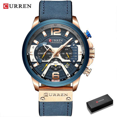 CURREN/卡瑞恩時尚流行奢華簡約精品防水學生腕錶 男士計時碼防水石英錶 藍色軍用手錶 真皮錶帶 8329