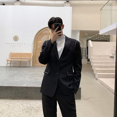 《TINO HOMME》2019春夏新款日韓版英倫風鉚釘拼接休閒西裝外套寬鬆OVERSIZE