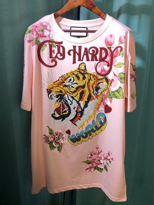 亞軒潮店 潮款現出Ed Hardy 2021新款印花燙鉆虎頭純棉女士粉色T恤寬松中長款短袖
