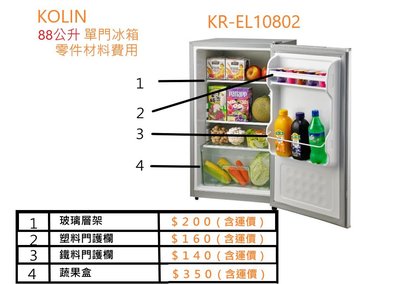 KOLIN 88公升 單門小冰箱 KR-EL10802 ( 溫控 / 護欄 / 層架 / 蔬果盒 零件材料) 含運價
