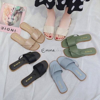 EmmaShop艾購物-韓國同步上新設計感一字寬版涼鞋/拖鞋/夾腳鞋/平底