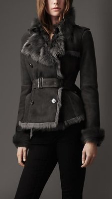英國正品 Burberry London 毛絨高雅修身帥氣羊皮大衣內刷毛騎士外套(UK6)