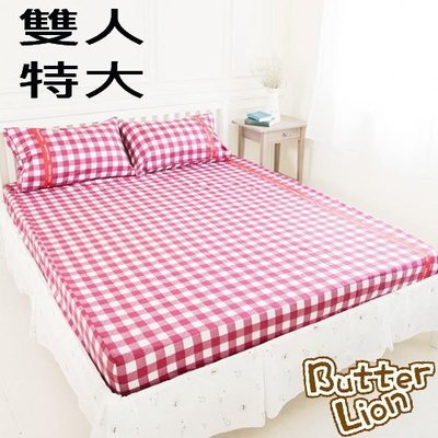 【奶油獅】格紋系列-台灣製造-100%精梳純棉床包三件組(紅)-雙人特大7尺~高雄館