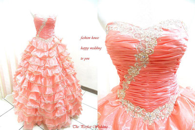 【時尚屋婚紗禮服】桃粉色露肩法式層次設計師華麗造型款~二手禮服～Ｗ４１９(歡迎預約試穿)